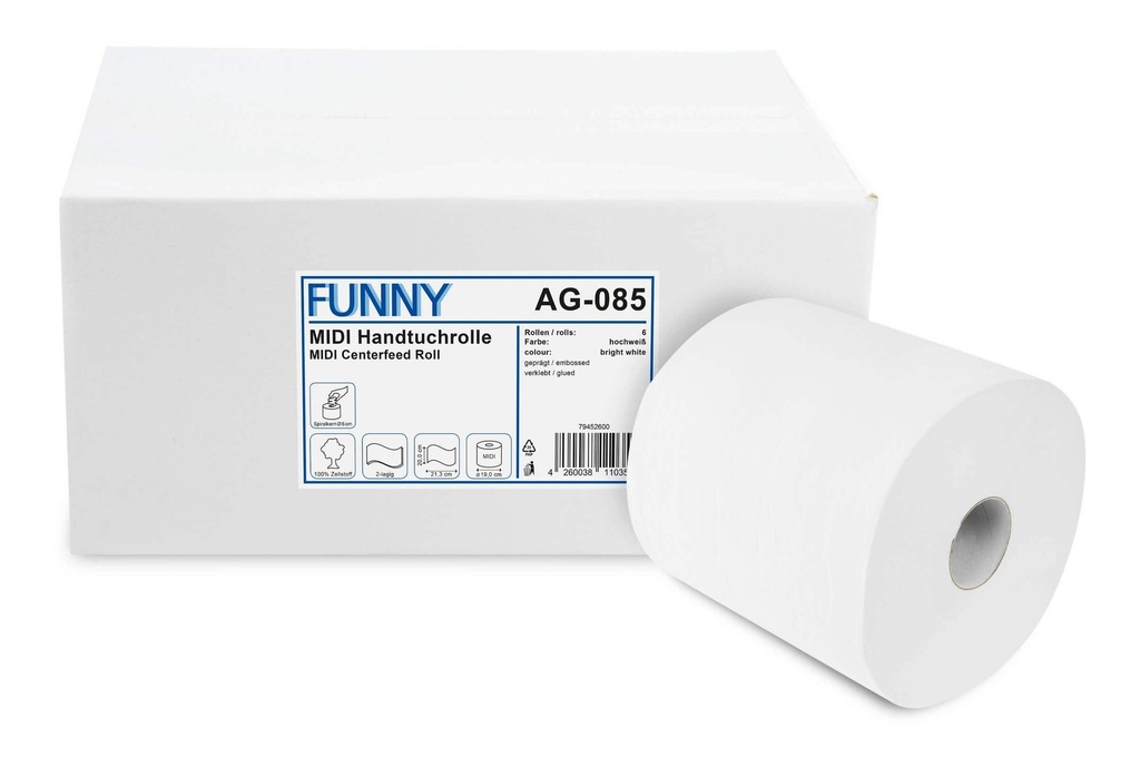Handtuchpapier-Rolle, MIDI, 2-lagig, 20 cm, hochweiss, Zellstoffpapier, 19 cm, 21 cm, 19 cm, Funny, 6 Rollen im Karton