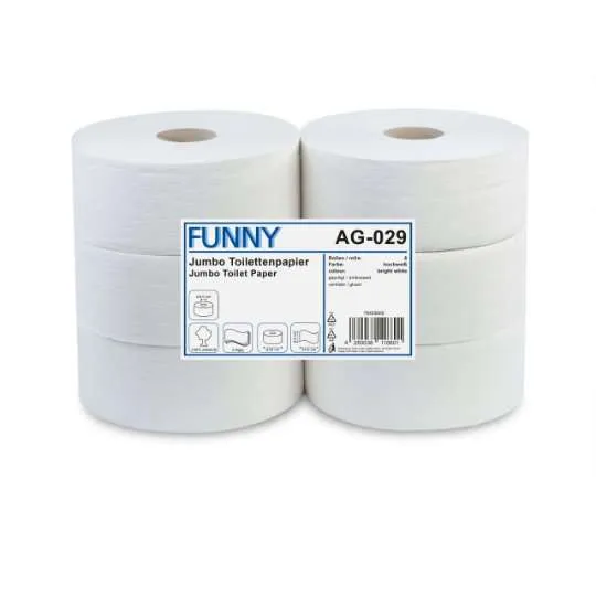 Jumbo-Toilettenpapier, 3-lagig, Zellstoff weiss, 24 cm, 150m, 625 Blatt, 6 Rollen, Funny
