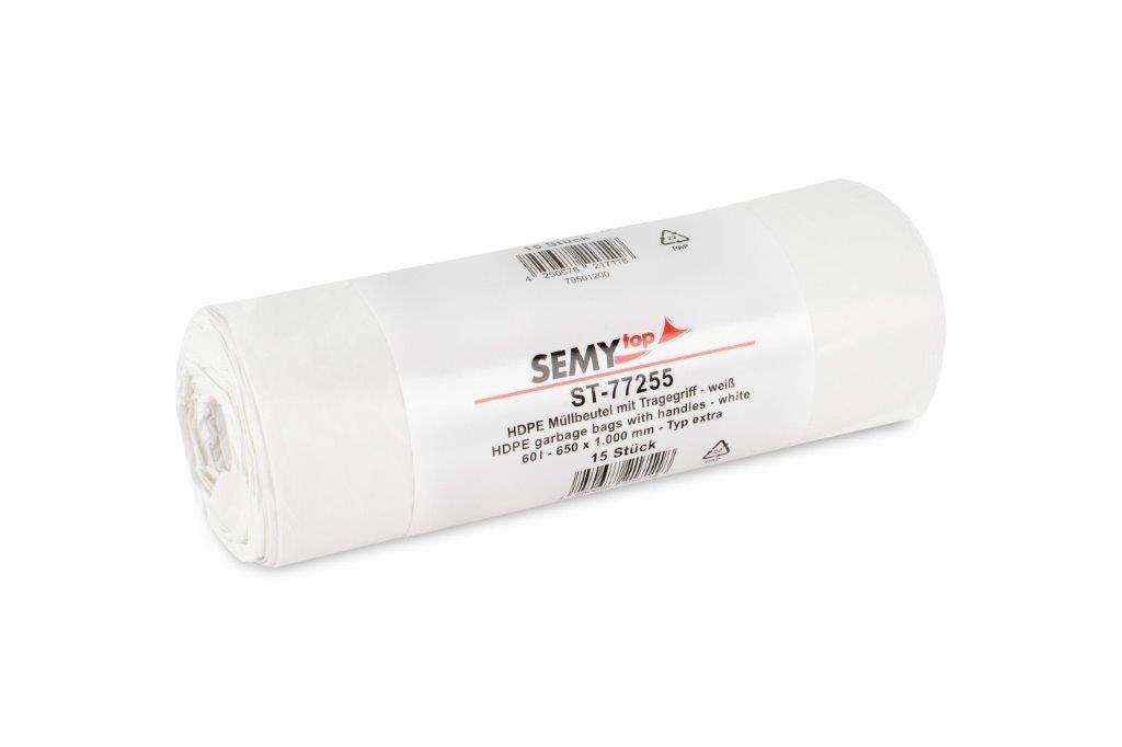 [ST-77255] Müllbeutel extra HDPE, mit Tragegriff, weiss, 60 lt. 40 Rollen a 15 Stück, 650x1.000mm, 1 Karton