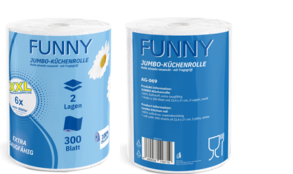 Küchenrolle, 2-lagig, Funny, hochweiss, 300 Blatt, Zellstoff weiss, einzeln verpackt mit Tragegriff, 6 Rollen