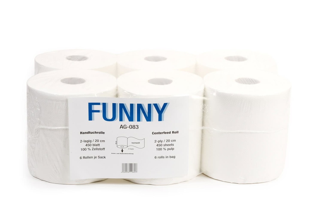 [AG-083.Einzel] Papierhandtuchrolle MIDI, 2 lagig, Innenabwicklung und Aussenabwicklung, 20×23 cm, 19 cm, Kern 5,1 cm, hochweiss, perforiert, Zellstoffpapier, geprägt, 6 Rollen, Funny (Einzel)