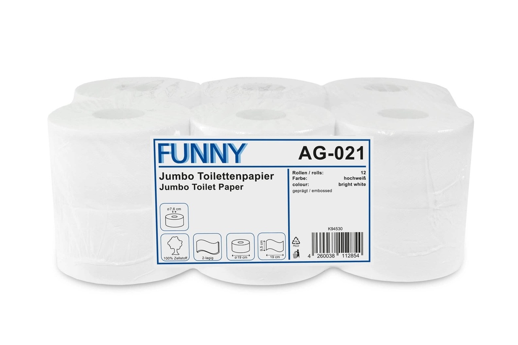 [FAG-021.Einzel] Jumbo Toilettenpapier, hochweiss, 2-lagig, Zellstoffpapier, geprägt, 19cm, Kern 7,6cm, Funny, 12 Rollen je Pack (Einzel)