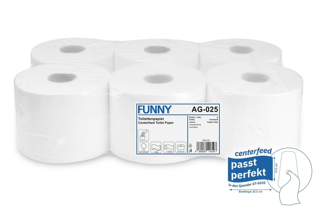 [FAG-025.Einzel] Jumbo Toilettenpapier 2 lagig, Funny, Hochweiss, Zellstoffpapier, geprägt, Spiralkern zur Innenabwicklung, 13×23 cm, 19,5 cm (Einzel)