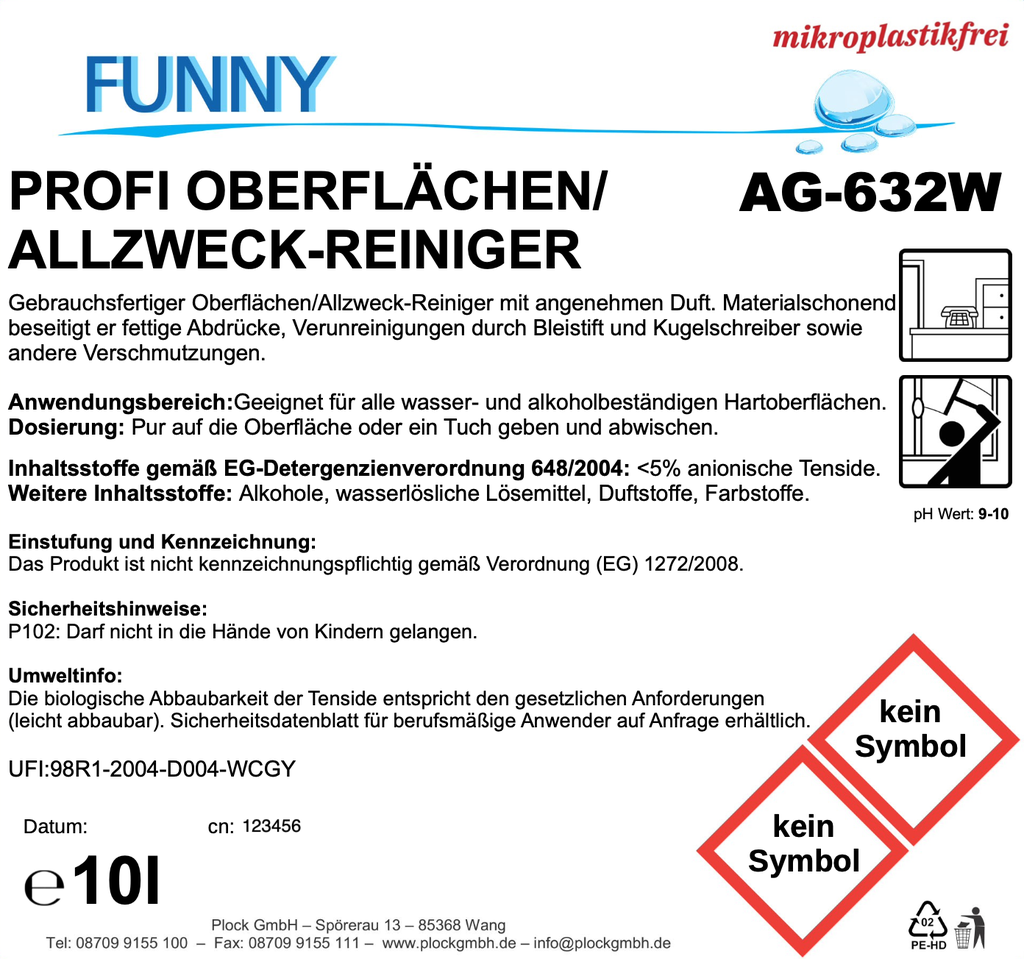 [AG-632W] Profi Oberflächen Allzweck-Reiniger, 10 Liter, für verschiedene Oberflächen, entfernt hartnäckigen Schmutz und Fett