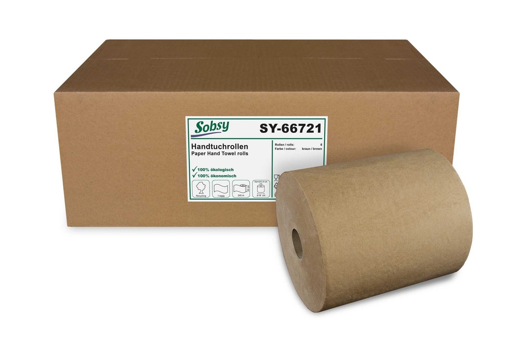 [Sobsy SY-66721] Handtuchrolle, braun, 1-lagig, Recyclingpapier, 240 m, Kern 3,9 cm, nicht perforiert, Sobsy, 6 Rollen im Karton