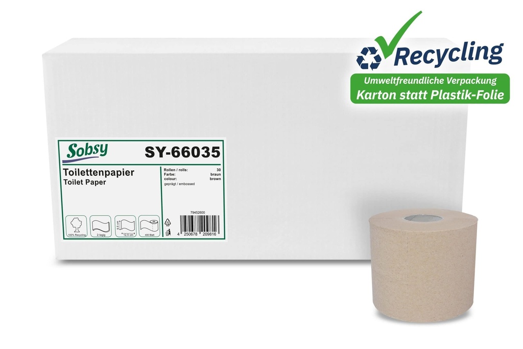 [Sobsy SY-66035] Toilettenpapier 2-lagig, 400 Blatt, braun, Recyclingpapier, geprägt, Sobsy, 30 Rollen im Karton
