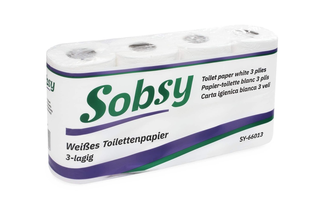 Toilettenpapier, 3-lagig, 150 Blatt, hochweiss, Zellstoffpapier, geprägt, Sobsy, 12 x 8 Rollen je Pack