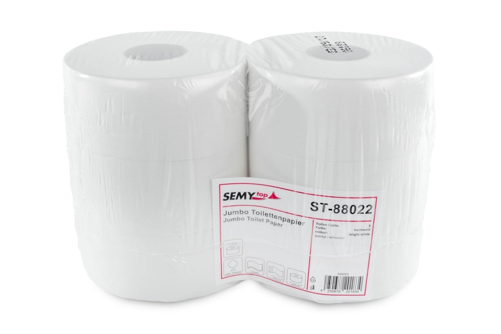 [Semy Top ST-88022] Jumbo-Toilettenpapier, hochweiss, 2-lagig, Zellstoffpapier, geprägt, 25 cm, Kern 7,6 cm, Semy Top, 6 Rollen je Pack