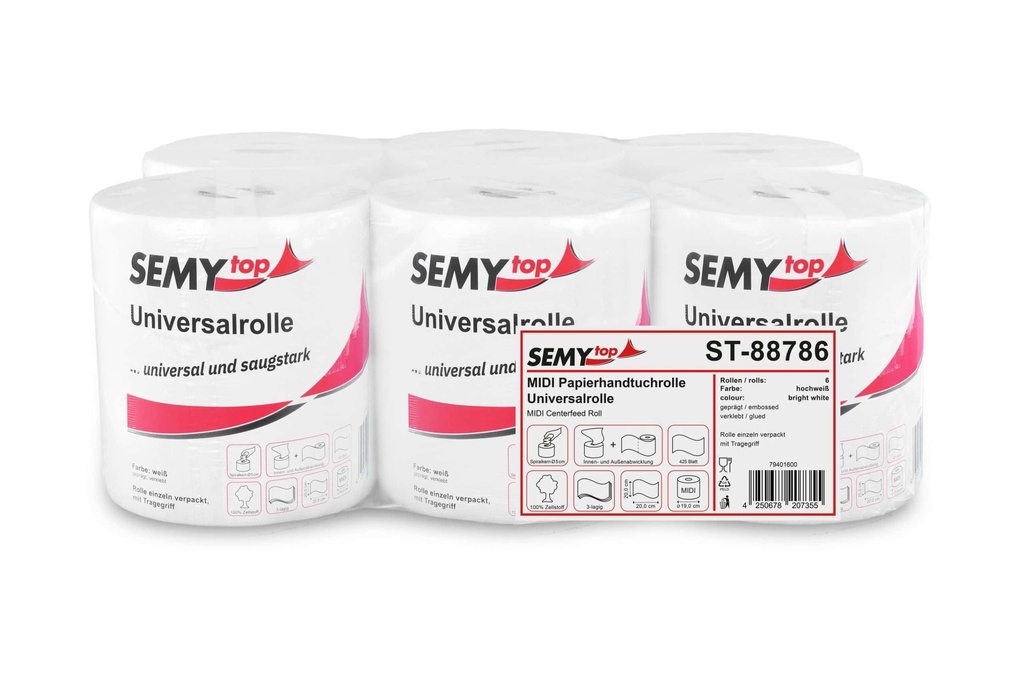 [Semy Top ST-88786] Papierhandtuchrolle MIDI, Universal, hochweiss, 3-lagig, Innenabwicklung, Zellstoffpapier, perforiert, 19 cm, Kern 5,1 cm, Semy Top, 6 Rollen je Pack
