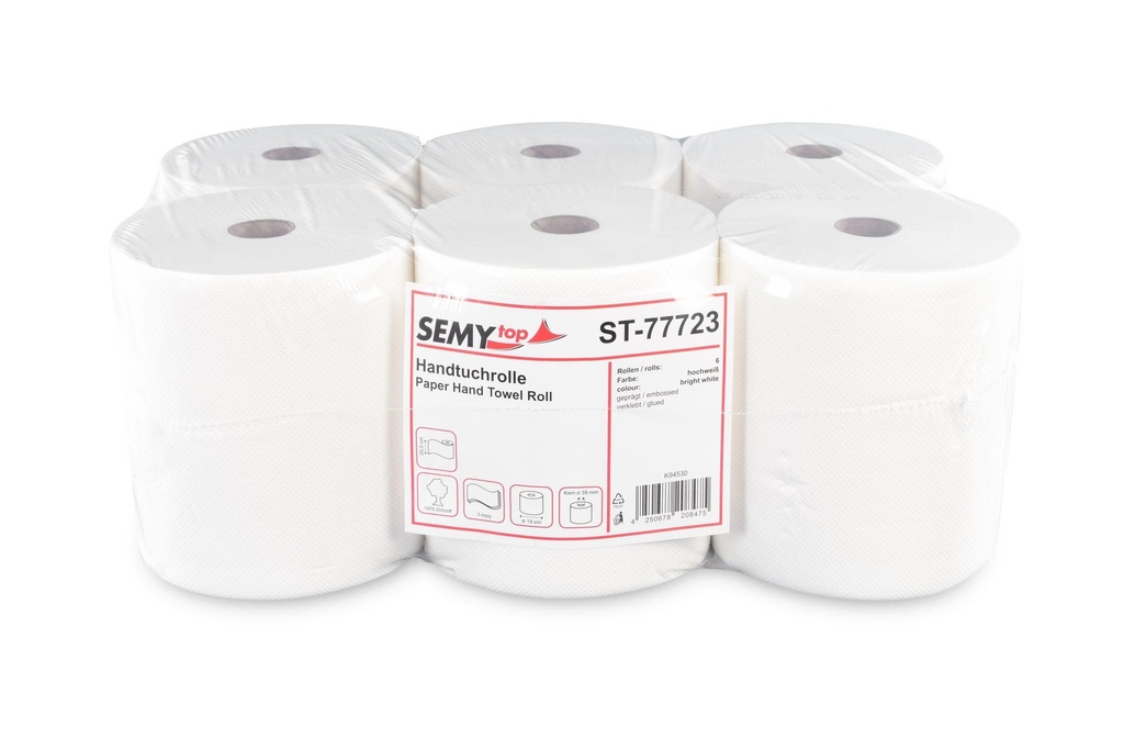 [Semy Top ST-77723] Handtuchpapierrolle, hochweiss, 3-lagig, mit Spezialkern 4 cm, Zellstoffpapier, geprägt, verleimt, 20cm x 19cm x  97m, Semy Top, 6 Rollen