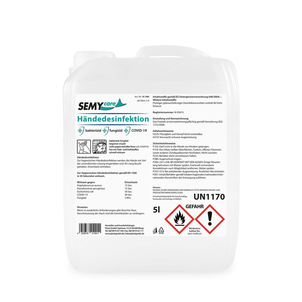 [Semy Care SC-686] Händedesinfektion, 5 liter, Gefahrengut! UN1170, 15 Punkte je 5 liter, VOC-Gehalt: 80%, Semy Care, 1 Kanister