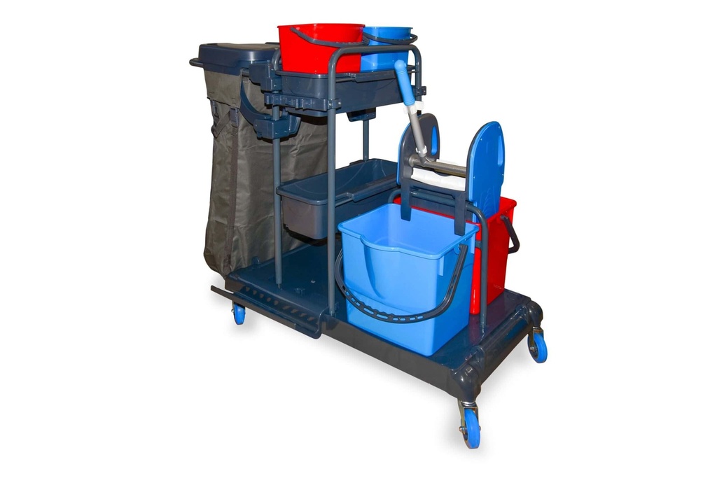 [Semy Top ST-2006] Reinigungswagen mit 100 liter Leinensack, mit 2x5 liter und 2x18 liter Eimer, Moppresse, Mophalter und Ablage, Utensilienbehälter, Semy Top