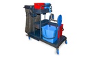 Reinigungswagen mit 100 liter Leinensack, mit 2x5 liter und 2x18 liter Eimer, Moppresse, Mophalter und Ablage, Utensilienbehälter, Semy Top