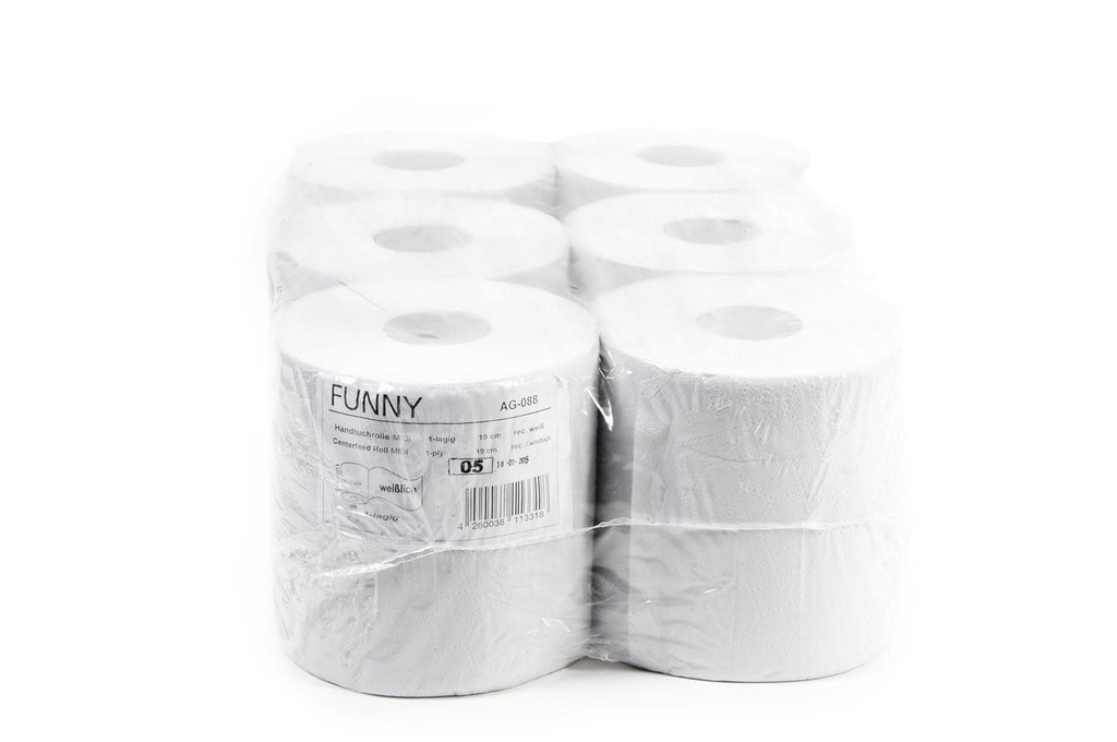 [Funny AG-088.Einzel] Handtuchrolle MIDI, 19 cm, 1-lagig, weisslich, Recyclingpapier, geprägt, Innenabwicklung, Kerm 6 cm, Funny, 6 Rollen je Pack