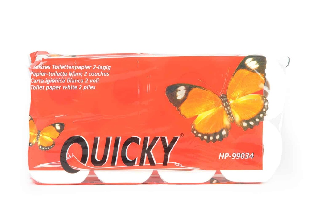 [HP-99034] Toilettenpapier, 2-lagig, 250 Blatt, hochweiss, Zellstoffpapier, motivgeprägt, Quicky, 8 x8 Rollen je Pack