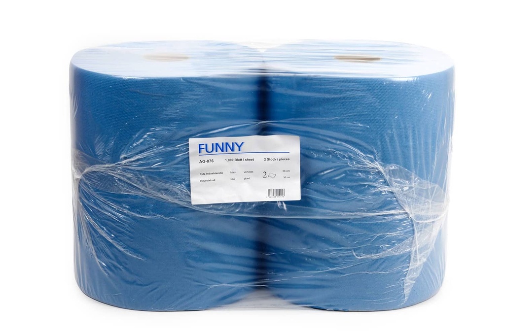 [Funny AG-076] Industrierolle, blau, 2-lagig, 1.000 Blatt, Zellstoffpapier, geprägt, perforiert, Funny, 36 x 34 cm, 2 Rollen je Pack