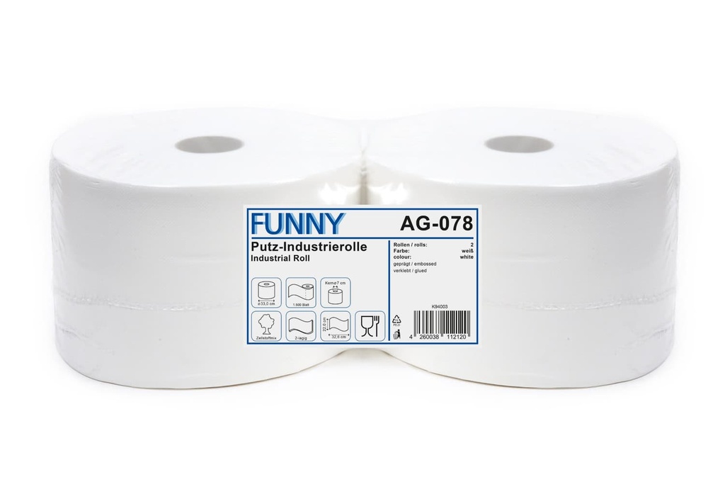 [Funny AG-078] Industrierolle, hochweiss, 2-lagig, 1.500 Blatt, Zellstoffmix, geprägt, perforiert, 22x32,6 cm, Funny, 2 Rollen je Pack