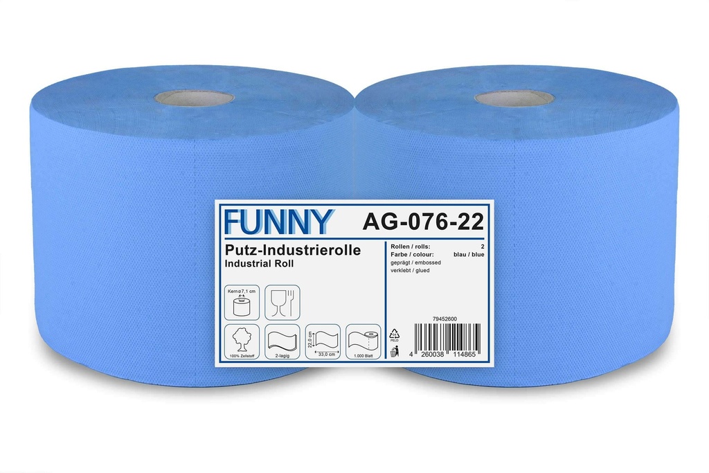 [Funny AG-076-22] Industrierolle, blau, 2-lagig, 1.000 Blatt, Zellstoffmixpapier, geprägt, perforiert, 22x33 cm, Funny, 2 Rollen je Pack