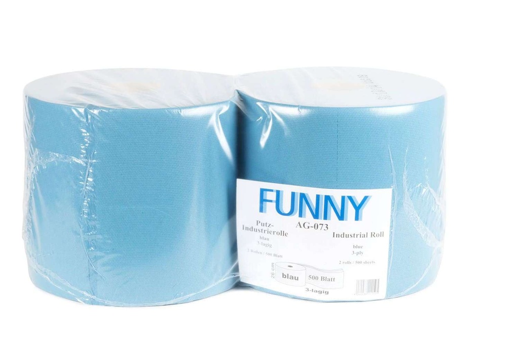 [Funny AG-073] Putzpapier Rolle, blau, 3-lagig, 500 Blatt, Recyclingpapier, geprägt, perforiert, 26x38 cm, Funny, 2 Rollen je Pack