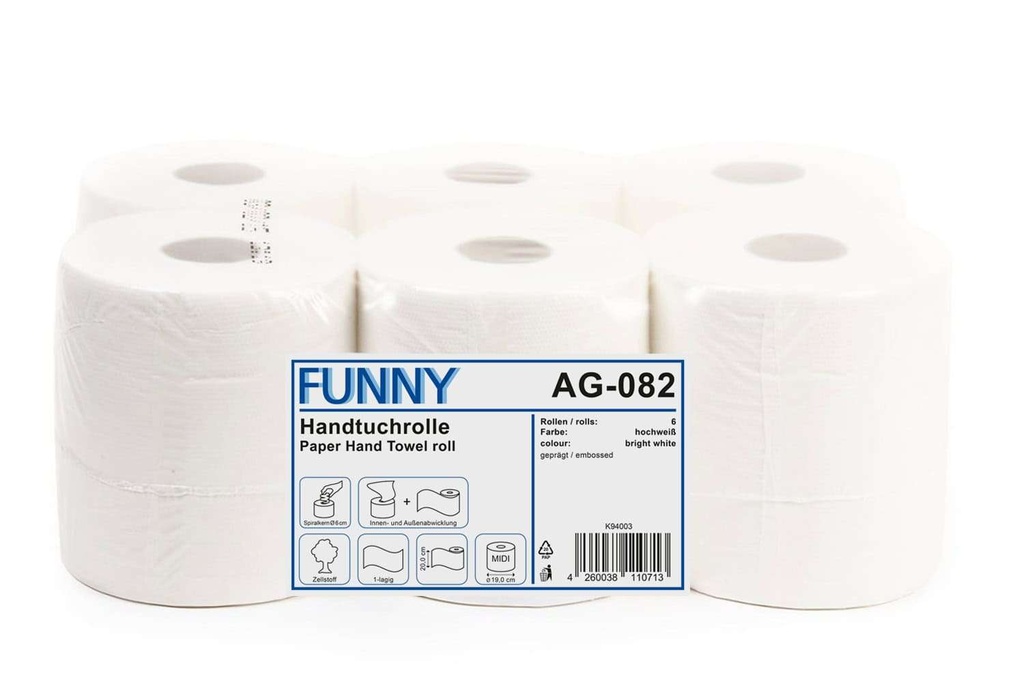[Funny AG-082] Handtuchrolle MIDI, hochweiss, 1-lagig, Innenabwicklung, 20 cm, Kern 6,0 cm, Zellstoffpapier, geprägt, nicht perforiert, Funny, 6 Rollen je Pack