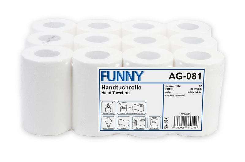 [Funny AG-081] Handtuchrolle MINI 20cm, hochweiss, 1-lagig, Innenabwicklung, perforiert, Zellstoffpapier, geprägt, Funny, 20cm, Kern 6,0 cm, 12 Rollen je Pack