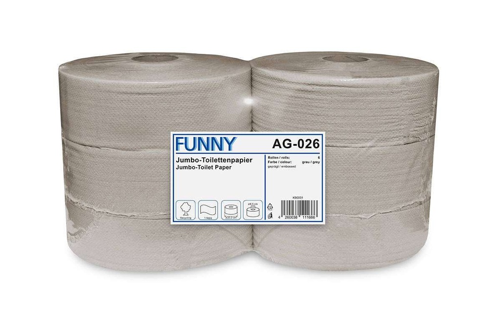 [Funny AG-026] Jumbo Toilettenpapier, natur, 1-lagig, Recyclingpapier, geprägt, nicht perforiert, 25 cm, Kern 6,5cm, Funny, 6 Rollen je Pack