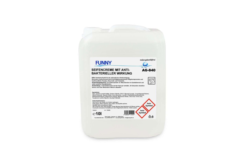 [Funny AG-840] Seifencreme mit antibakterieller Wirkung für Lebensmittelverarbeitung geeignet, 10 liter, VOC-Gehalt: 0% mikrplastikfrei, Funny, 1 Kanister