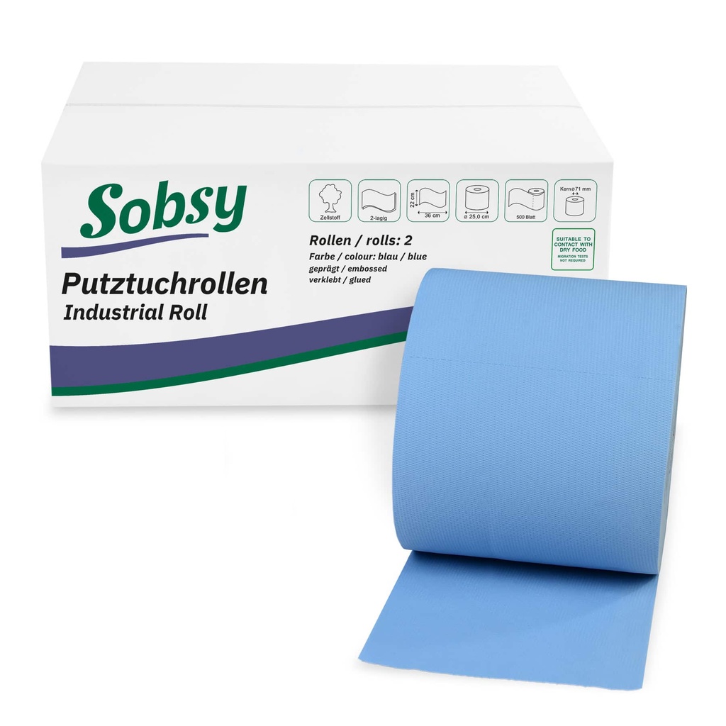 [Sobsy SY-6607622-5] Industrierolle, blau, 22 cm, 2-lagig, 500 Blatt, Sobsy, perforiert, Zellstoffpapier, geprägt, 2 Rollen im Karton