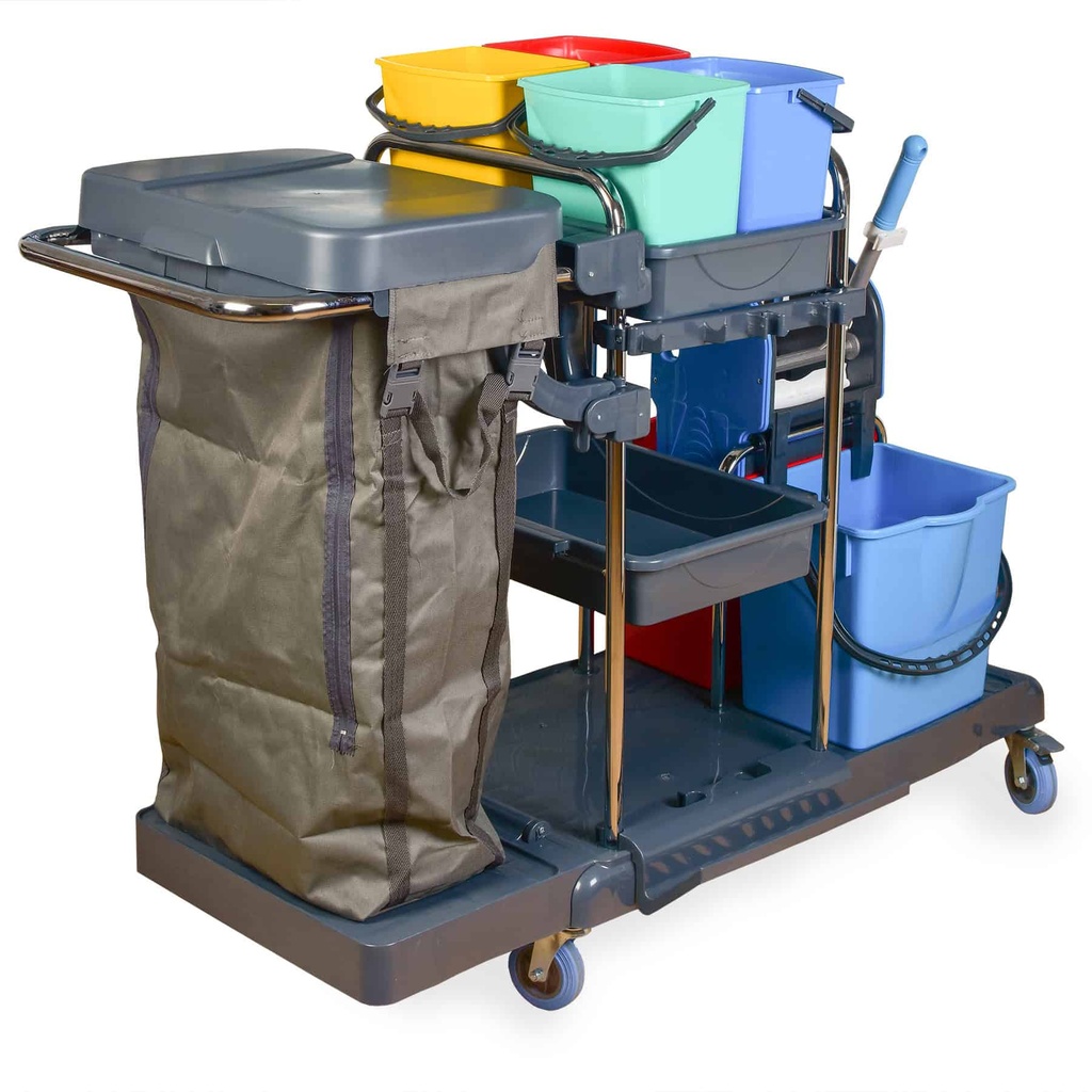 [Semy Top ST-2007] Reinigungswagen mit 2x18 l und 4x5 l Eimer, Moppresse, Mophalter+Ablage, Utensilienbehälter, 100l Leinentasche, Semy Top