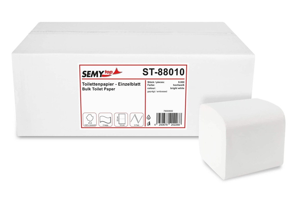 [SemyTop ST-88010] Toilettenpapier, Einzelblatt, Semy Top, 10x22cm, 2-lagig, Zellstoffpapier, geprägt, 40x225 Blatt, 1 Karton 9.000 Blatt