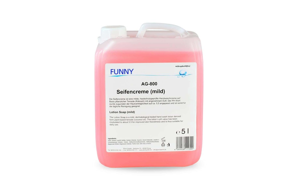 [FUNNY AG-800] Seifencreme mild, Rosa, 5 Liter, aus pflanzlichen Rohstoffen, Funny, pH Wert: 5-7, VOC-Gehalt: 0%, 1 Kanister