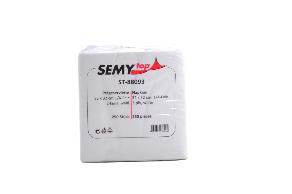 [SemyTop ST-88093] Tafelservietten, hochweiss, 32x32 cm, 2-lagig, 1/4 Falz, Semy Top, 100% Zellstoff 8Packx250 Stück, 2.000 Stück