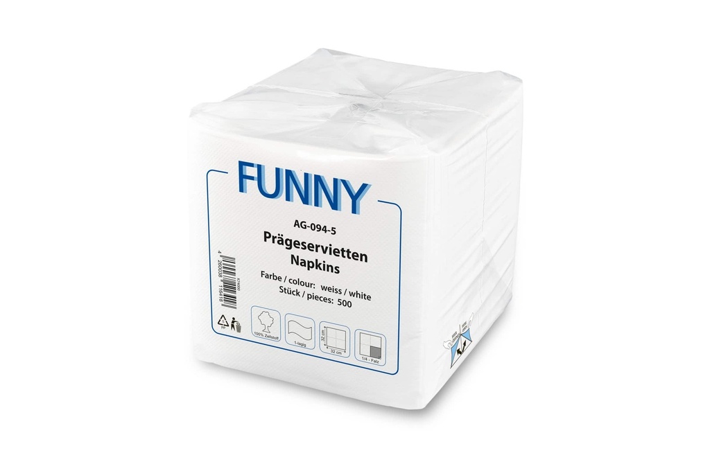 Prägeservietten, Hochweiss, 32x32 cm, 1-lagig, 1/4 Falz, 100% Zellstoff, Funny, 10 Packx500 Stück, 5.000 Stück