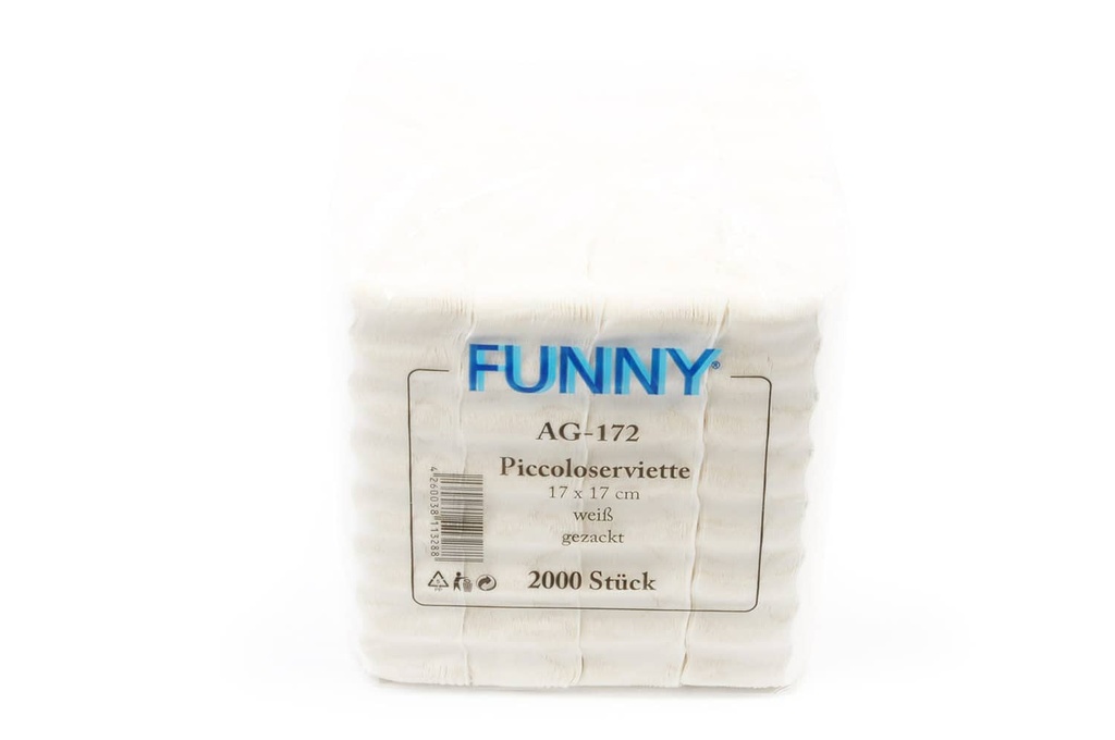 [Funny AG-172] Piccoloservietten, Funny, Hochweiss, ca. 17x17 cm, 1-lagig, gezackt, 100% Zellstoff, 10 Pack x 2000 Stück, 20.000 Stück