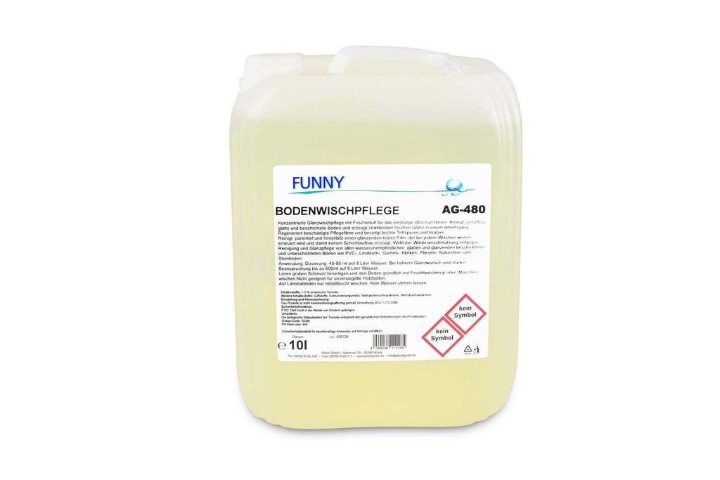 [Funny AG-480] Bodenwischpflege - Rutschhemmende transparente Polymerwischpflege, 10 Liter, Funny, pH-Wert:8-9, VOC-Gehalt: 0%, 1 Kanister
