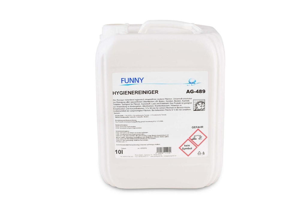 [Funny AG-489] Hygienereiniger, schnellwirkend, hygienisch, 10 Liter, Funny, pH-Wert:11, VOC-Gehalt:0%, 1 Kanister