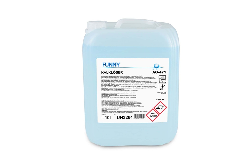 [Funny AG-471] Kalklöser schaumfrei, parfümfrei für den Lebensmittelbereich, Funny, 10 Liter Kanister, pH-Wert: <2, VOC-Gehalt: 0%,Gefahrengut UN3264 10 Punkte je 10 Liter, 1 Kanister