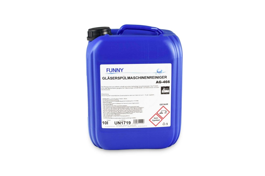 [Funny AG-466] Gläserspülmaschinenreiniger, 10 Liter, 12 kg Kanister, Funny, pH-Wert:14, Gefahrengut UN1719, 30Punkte je 10 Liter, VOC-Gehalt:0%