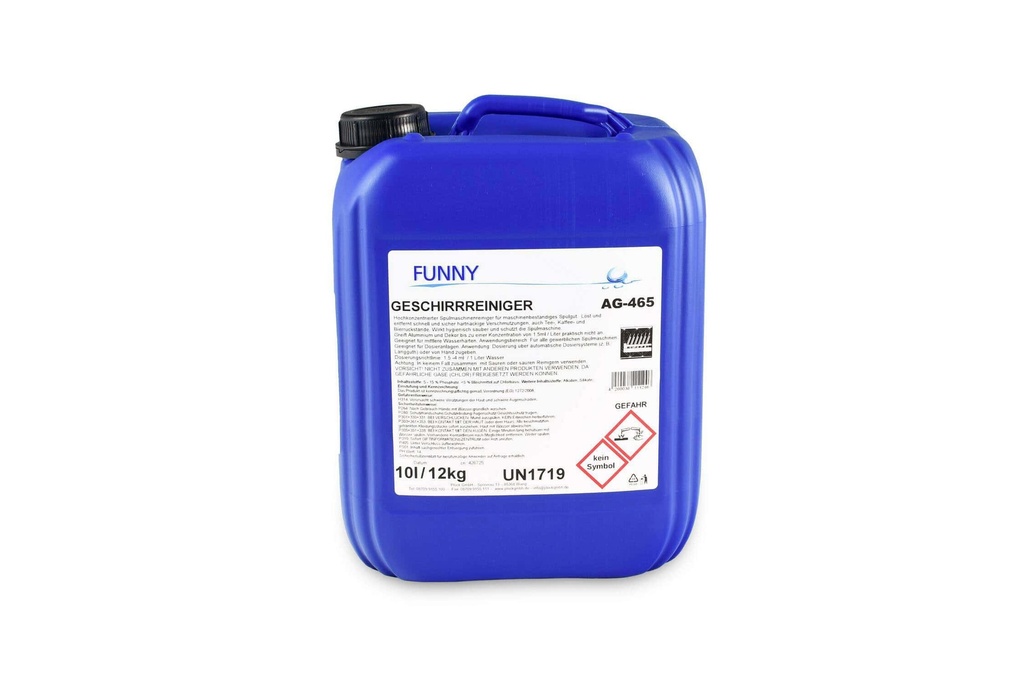 [Funny AG-465] Geschirrreiniger für gewerbliche Maschinen, flüssig, Funny, 12 kg, Gefahrengut, UN1719, 30Punkte je 12 KG, VOC-Gehalt:0%, pH-Wert: 14, 1 Kanister