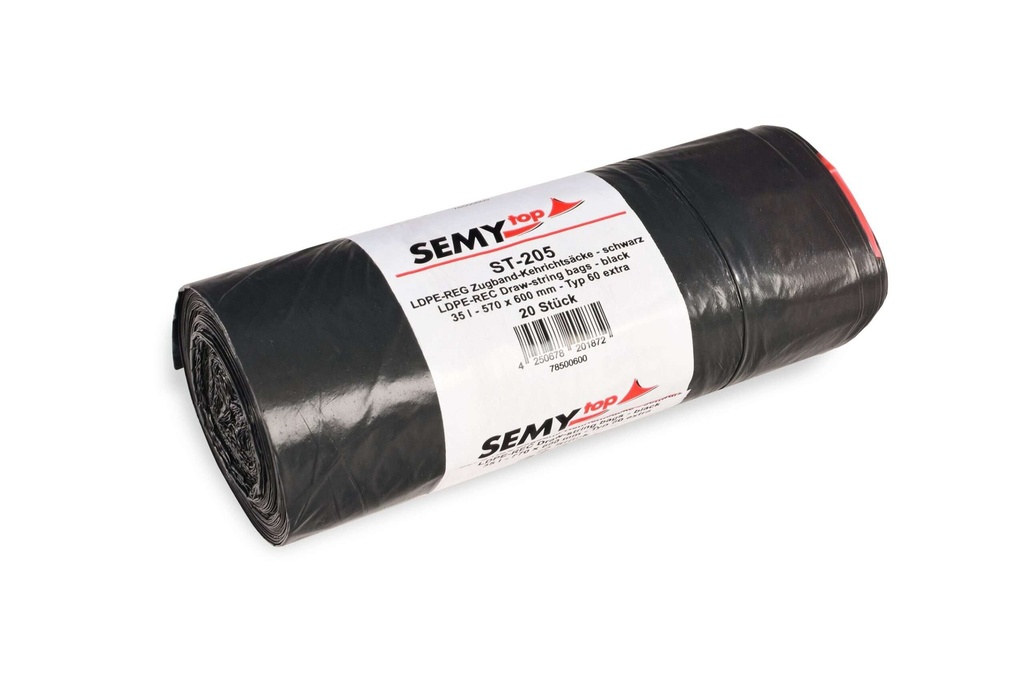 [SemyTop ST-205] Zugband-Kehrichtsäcke, schwarz, LDPE-Regenerat, 570x600 mm, Typ 60 extra, ca. 35 Liter, Semy Top, 20Rollen x 20 Stück