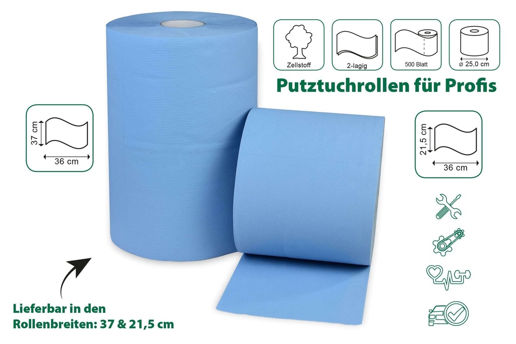 [Sobsy SY-66076-22-5] Sobsy Industrierolle, blau, 22 cm, 2-lagig, 500 Blatt, perforiert, Zellstoffpapier, geprägt, 2 Rollen im Karton