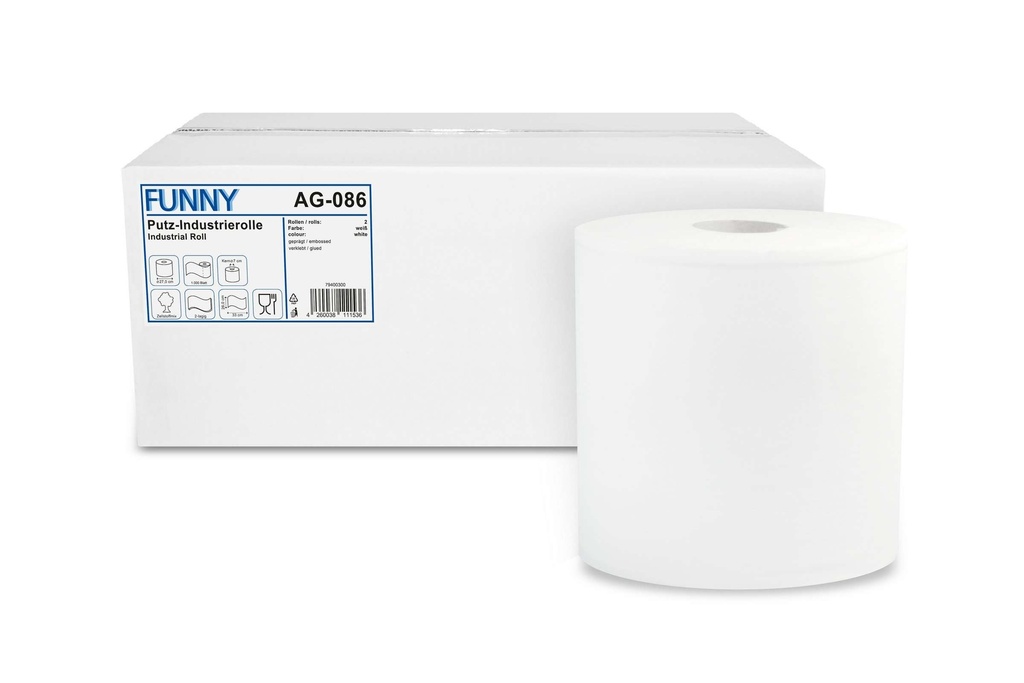 [Funny AG-086] Funny Putztuchrolle, 2-lagig, hochweiss, Zellstoffmix, geprägt, 1000 Blatt, perforiert, 26x33 cm, 2 Rollen