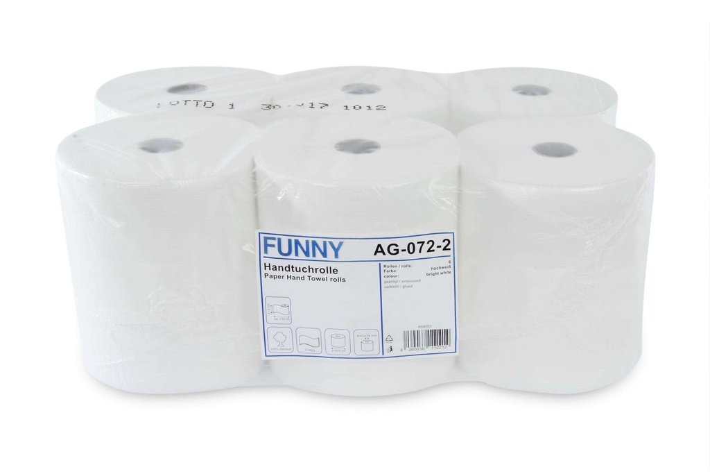 [FUNNY AG-072-2] Handtuchpapier-Rolle, 2-lagig, mit Spezialkern, hochweiss, Zellstoffpapier, geprägt, verleimt, 21 cm, 19 cm, 130 Meter, Funny, 6 Rollen im Karton