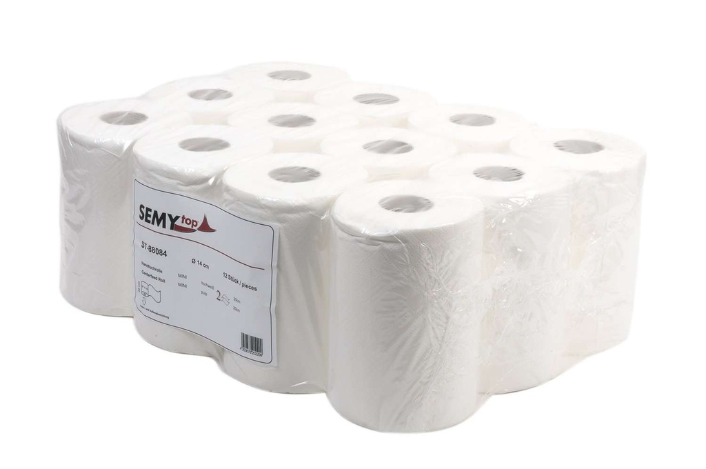 SemyTop Handtuchrolle, hochweiss, Zellstoffpapier, geprägt, Mini, 20x26 cm, 14 cm, perforiert, Innenabwicklung, Kern 5,0 cm, 12 Rollen