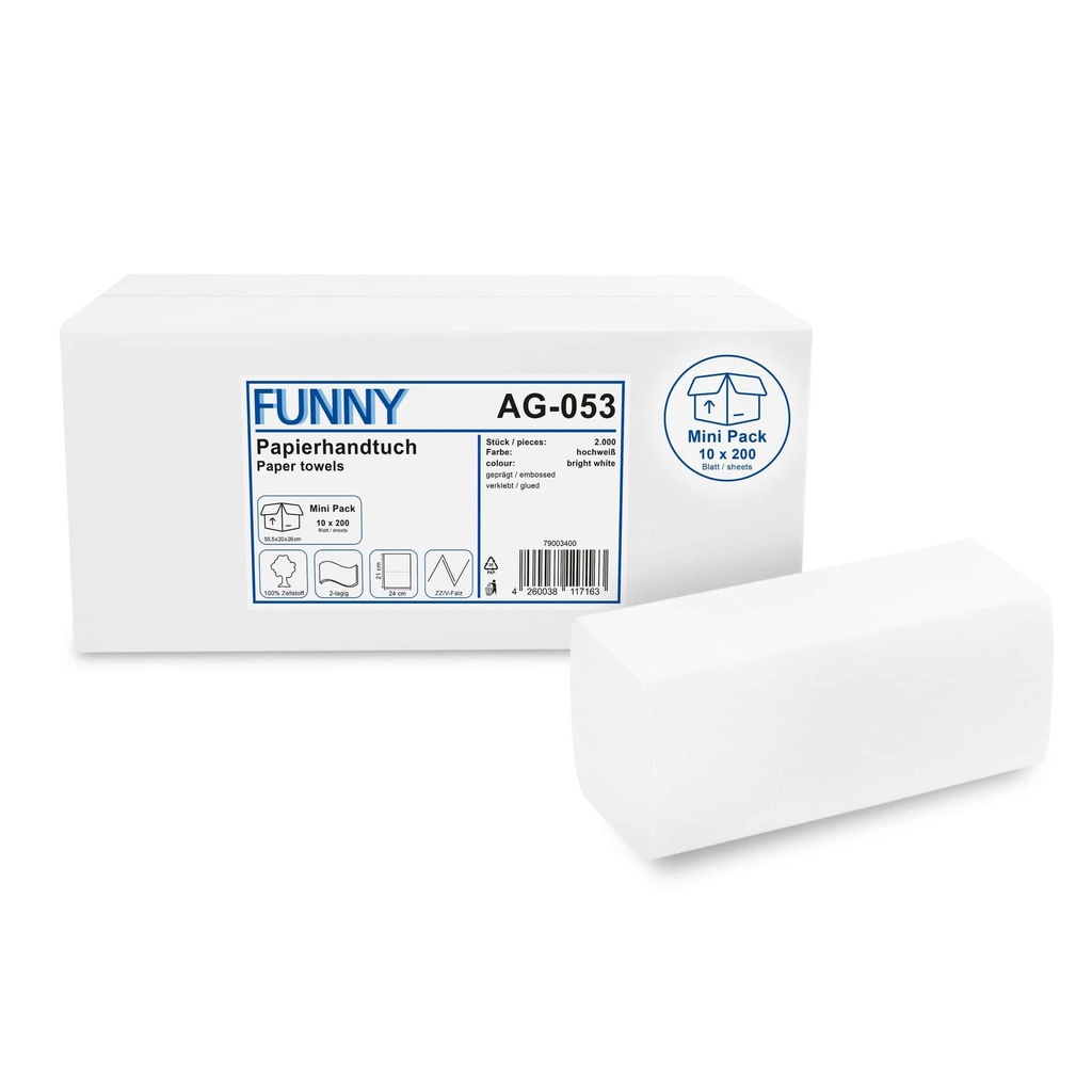 [Funny AG-053] Papierhandtuch 2-lagig, Funny, hochweiss, Zellstoffpapier, geprägt, ZZ/V-Falz, 24x21 cm, 2.000 Stück