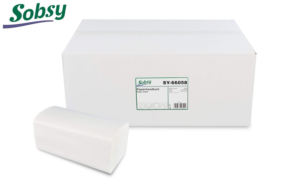 [Sobsy SY-66058] Papierhandtuch 2-lagig, Sobsy, hochweiss, Zellstoffpapier, geprägt, 21x21 cm, ZZ/V-Falz, 4.000 Stück