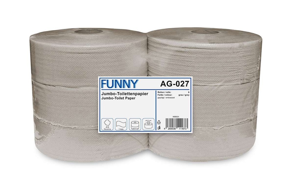 [FUNNY AG-027] Jumbo-Toilettenpapier, 1-lagig, natur, Funny, Recyclingpapier, grau, geprägt, 28 cm, Kern 6,5 cm, 6 Rollen je Pack