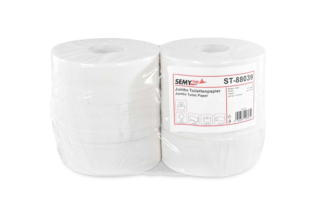 [SemyTop ST-88039] Jumbo-Toilettenpapier 2-lagig, weiss, Semy Top, Recyclingpapier, geprägt, 25 cm, Kern 7,6 cm, 6 Rollen je Pack