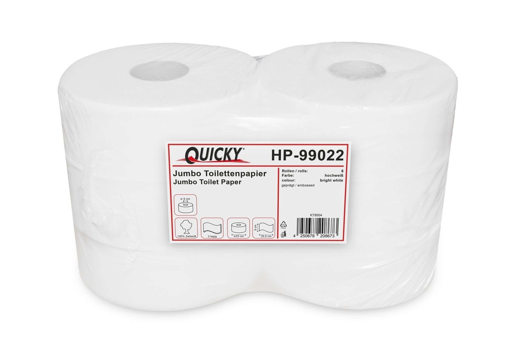 [QUICKY HP-99022] Jumbo Toilettenpapier, 2-lagig, Quicky, hochweiss, Zellstoffpapier, geprägt, 25 cm Kern 6,0 cm, 6 Rollen je Pack