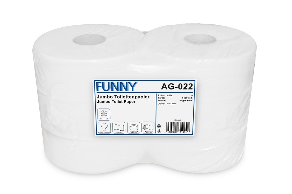 [Funny AG-022] Jumbo-Toilettenpapier 10x22cm 2-lagig, Funny, Zellstoff hochweiss. geprägt, 25 cm, Kern 7,6 cm, 6 Rollen je Pack